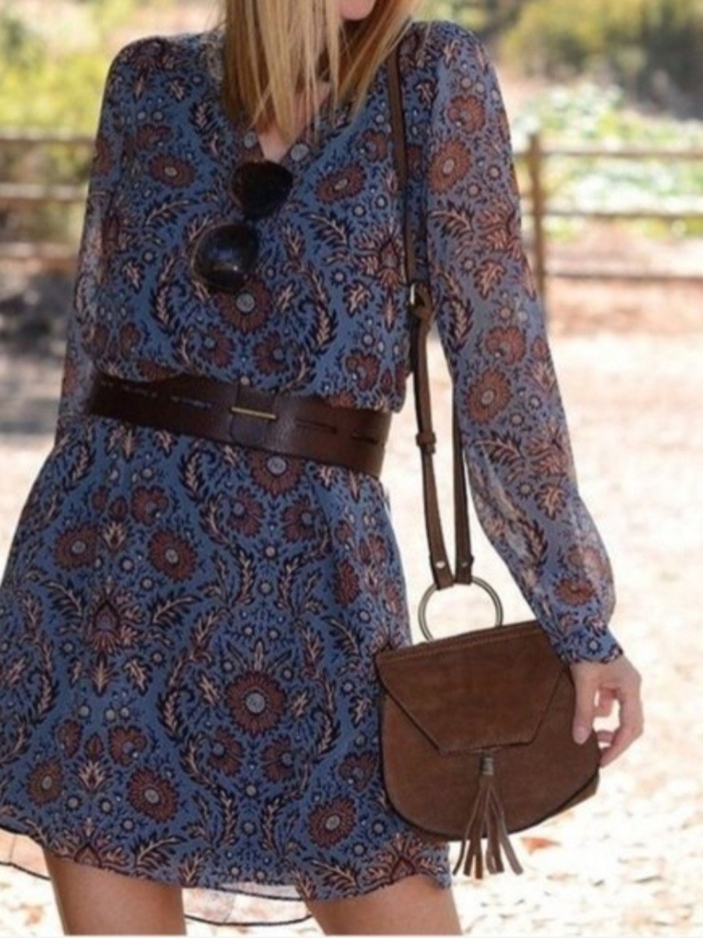 Cabi floral shift v-neck Blue Paisley Long Sleeve dress